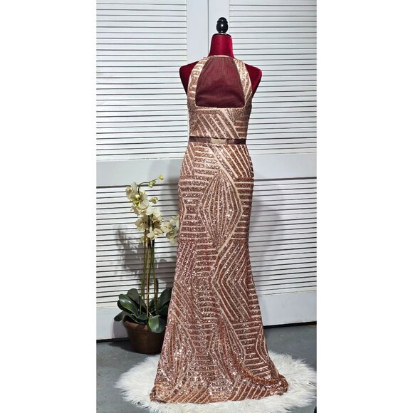 NWT Cache Women Rose Gold Sequined Mermaid NYE Evening Gown Maxi Dress Sz 6 3156 - Picture 8 of 13